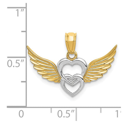 14K and White Rhodium Polished Hearts w/ Wings Pendant