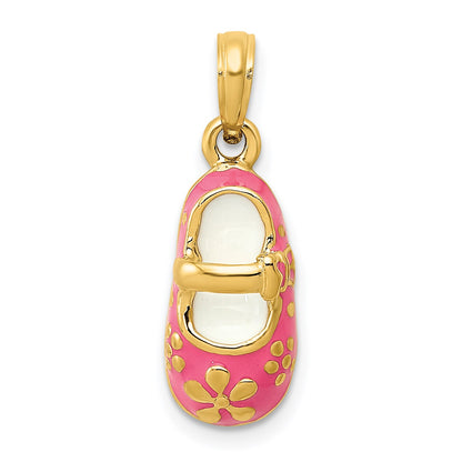 14k Pink Enameled 3-D Baby Shoe with Flowers Pendant