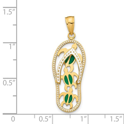 14K Green Enameled Cut-out Flip Flop with Sea Turtles Pendant