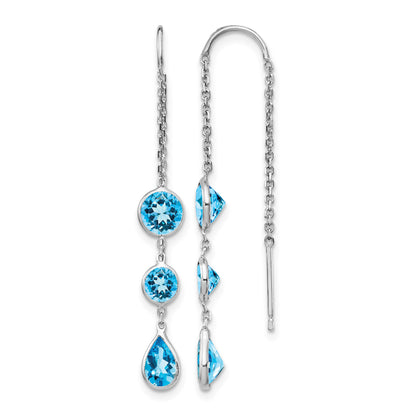 14k White Gold Blue Topaz Bezel Dangle Threader Earrings