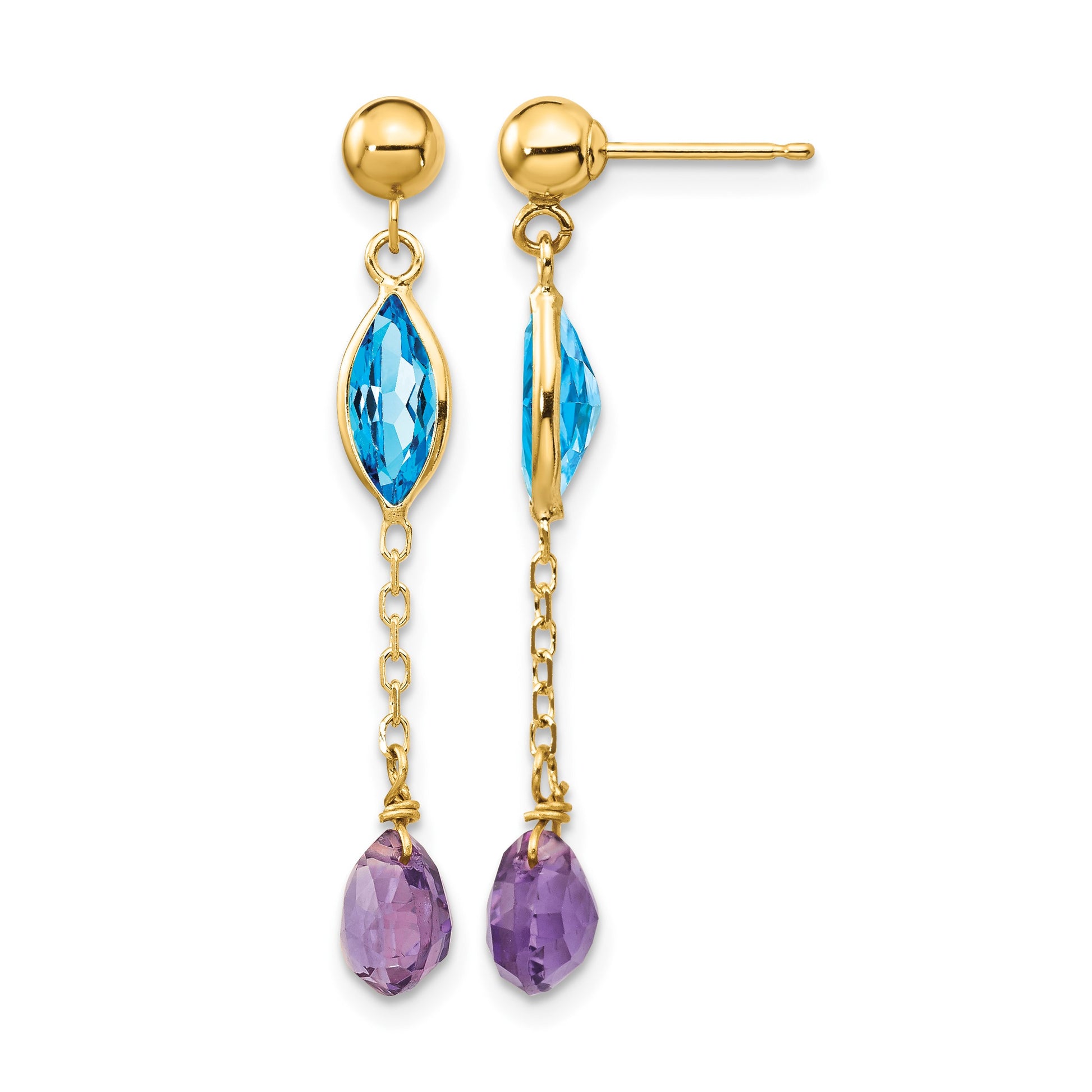 14K Amethyst and Blue Topaz Dangle Post Earrings