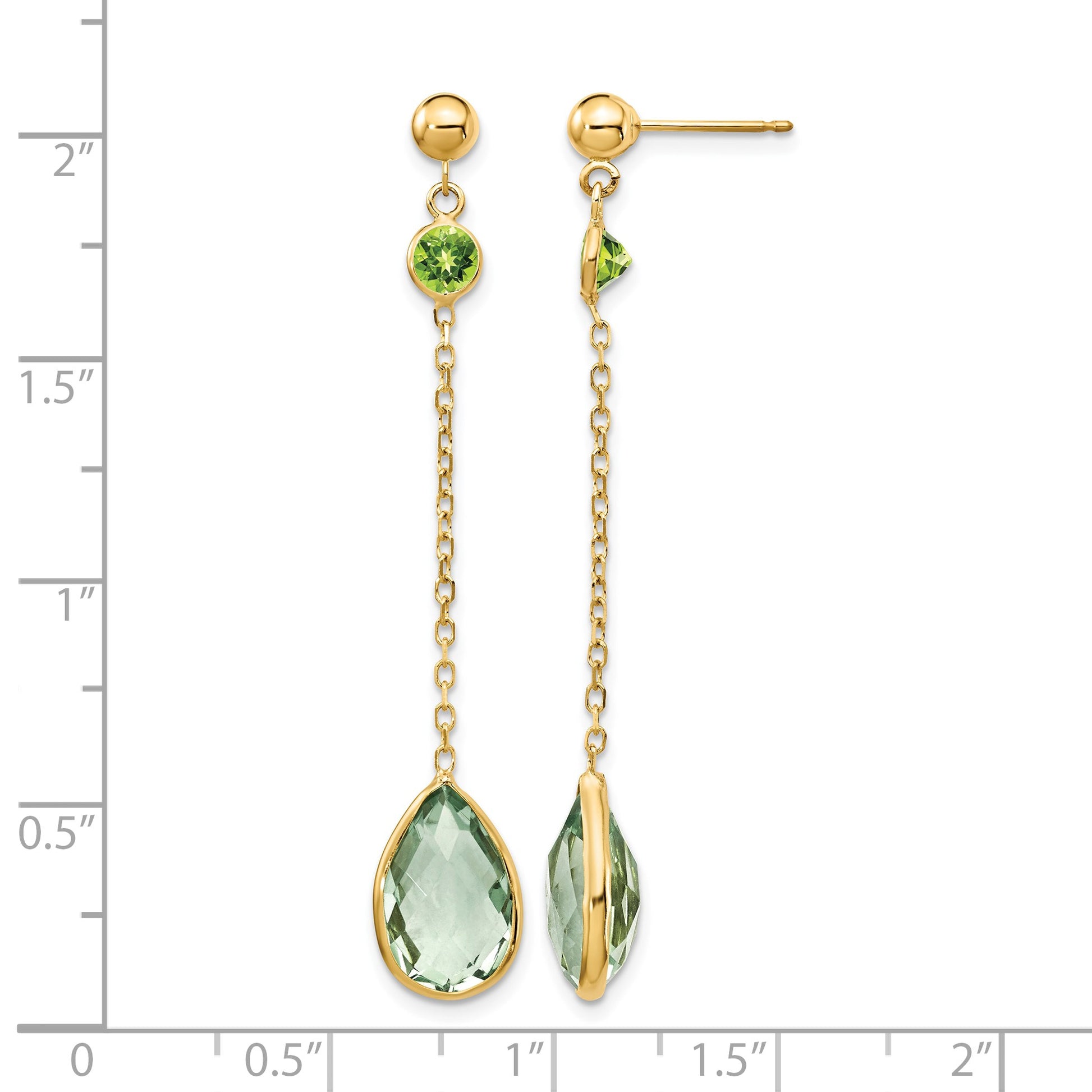 14K Round Peridot/Pear Green Quartz Chain Dangle Post Earrings