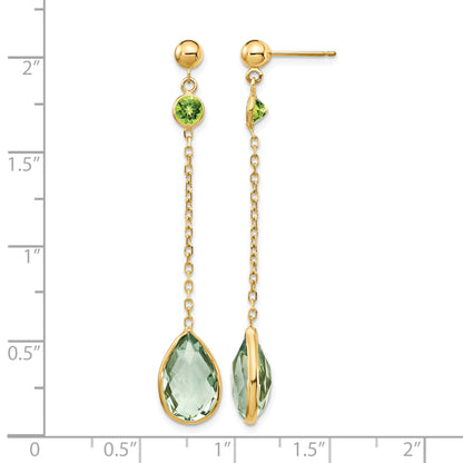 14K Round Peridot/Pear Green Quartz Chain Dangle Post Earrings