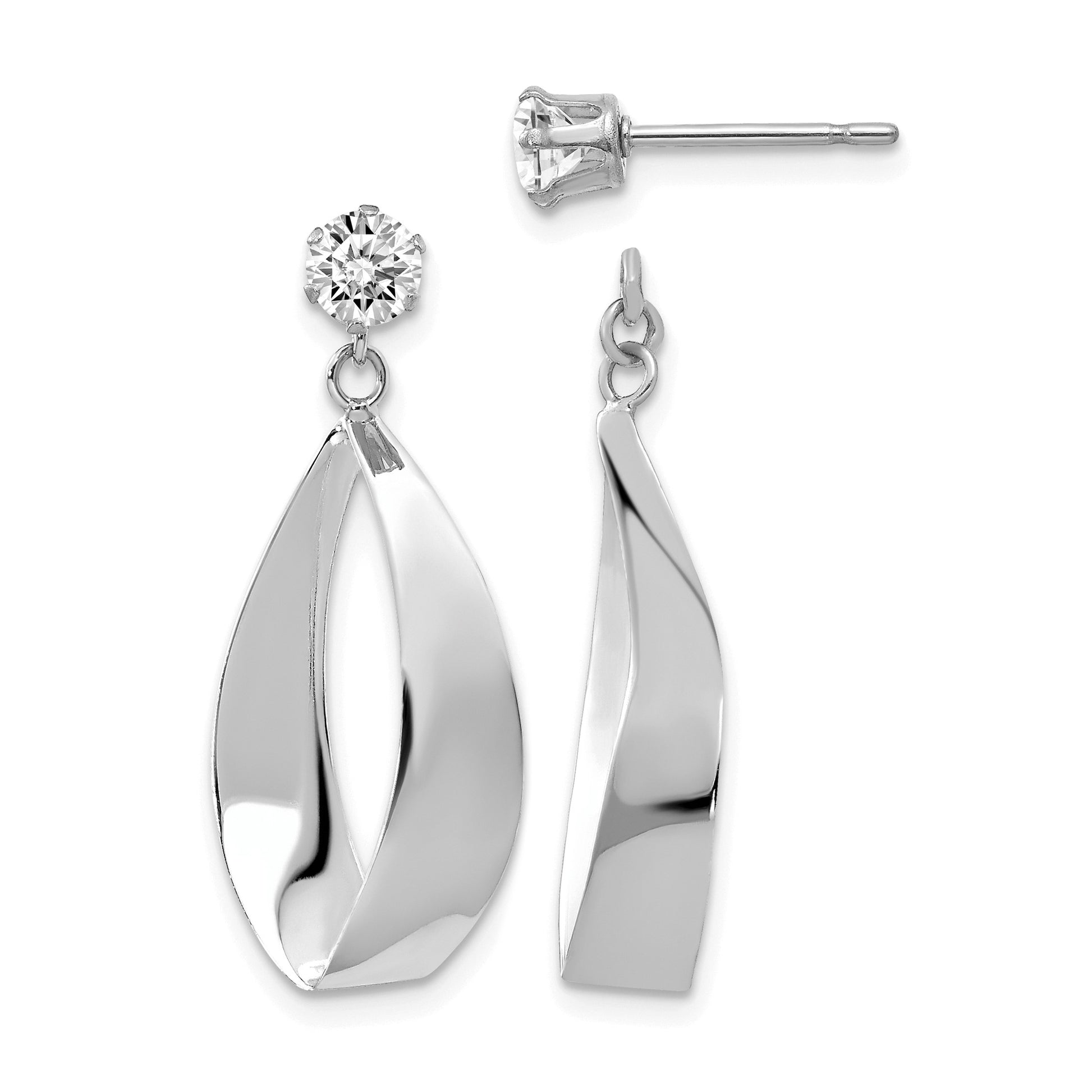 14k White Gold Polished Oval Dangle Jackets with 4mm CZ Stud Earrings