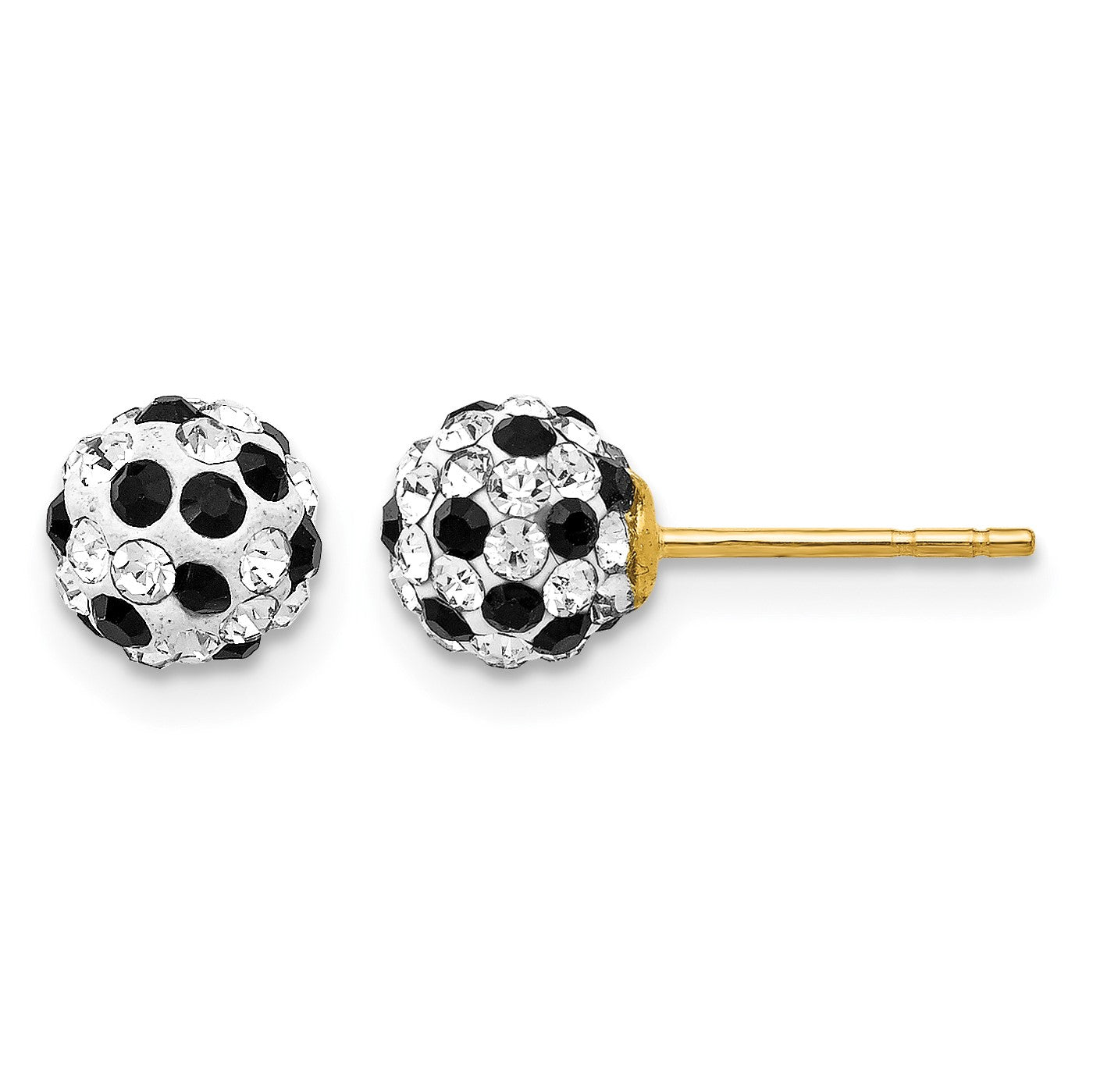 14k 6mm Black and White Crystal Round Ball Post Earrings