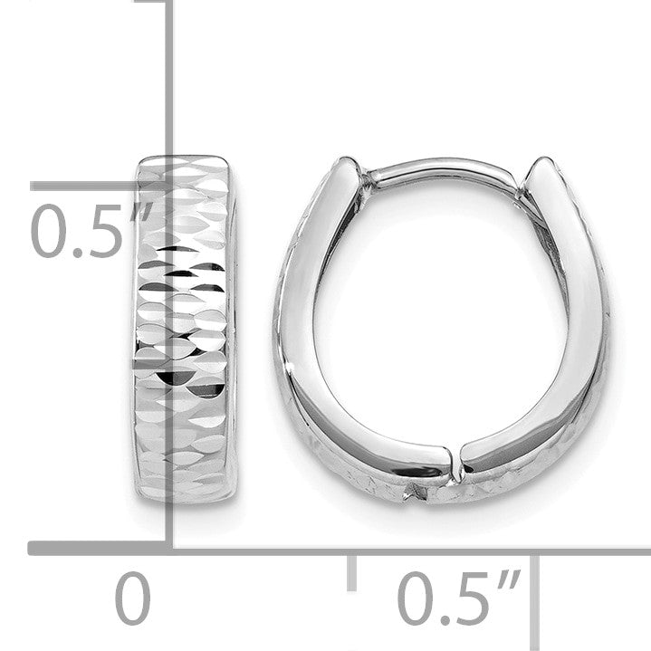 14K White Gold Textured and Polished Hinged Hoop Earrings