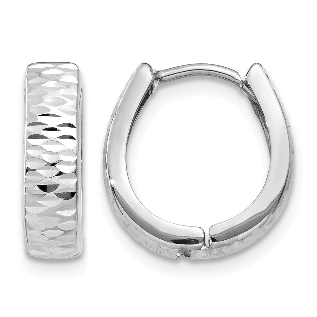 14K White Gold Textured and Polished Hinged Hoop Earrings