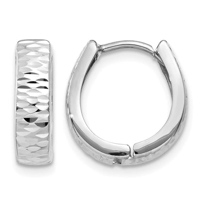 14K White Gold Textured and Polished Hinged Hoop Earrings