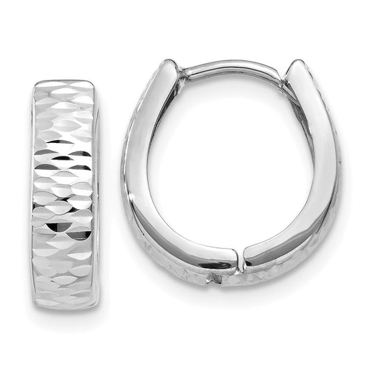 14K White Gold Textured and Polished Hinged Hoop Earrings