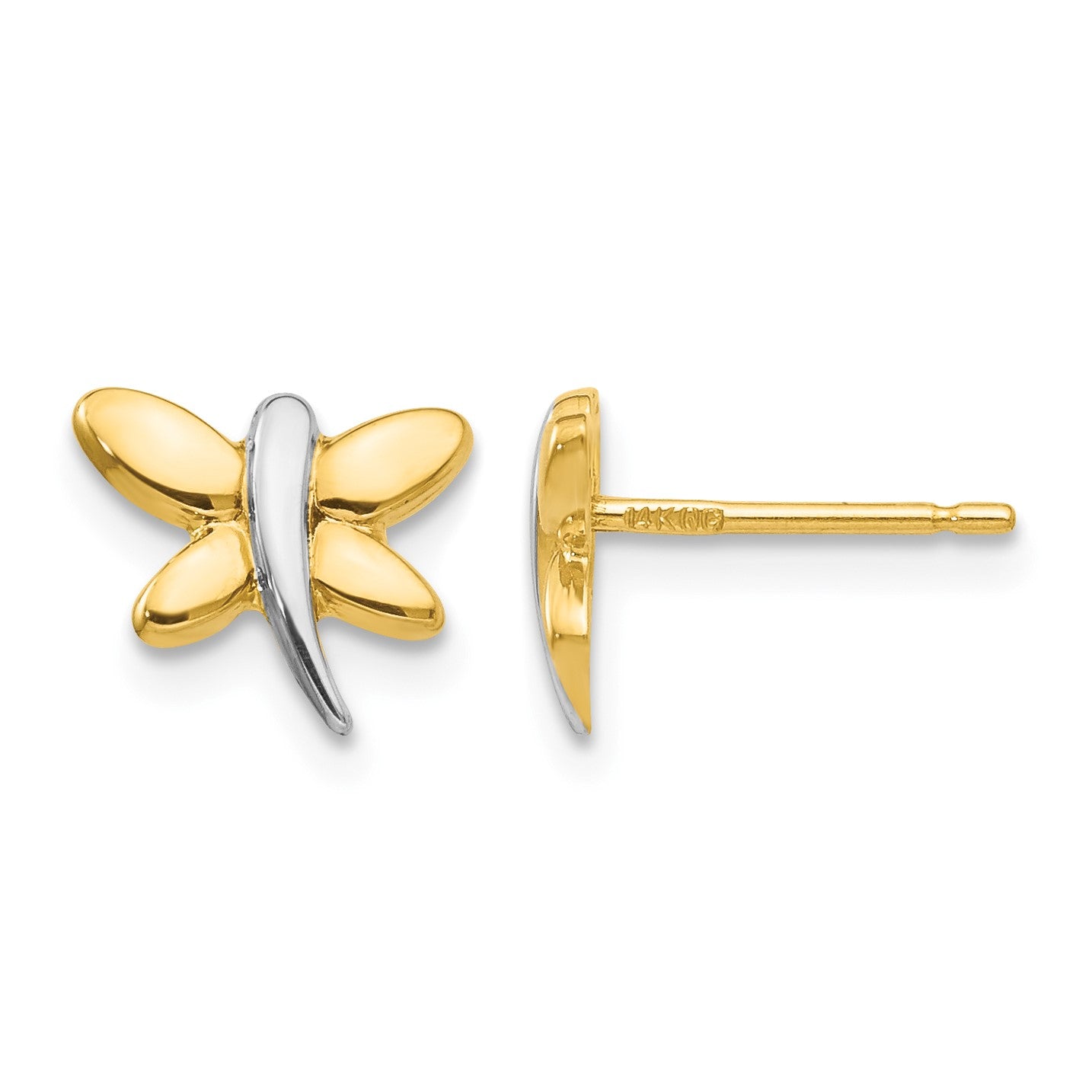 14k with White Rhodium Polished Dragonfly Post Earrings