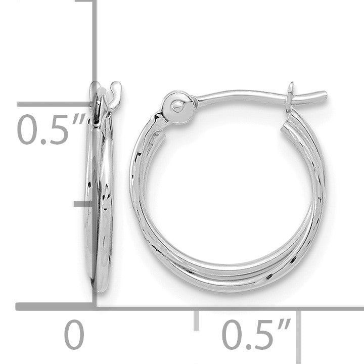 14k White Gold Polished Diamond Cut Double Hoops