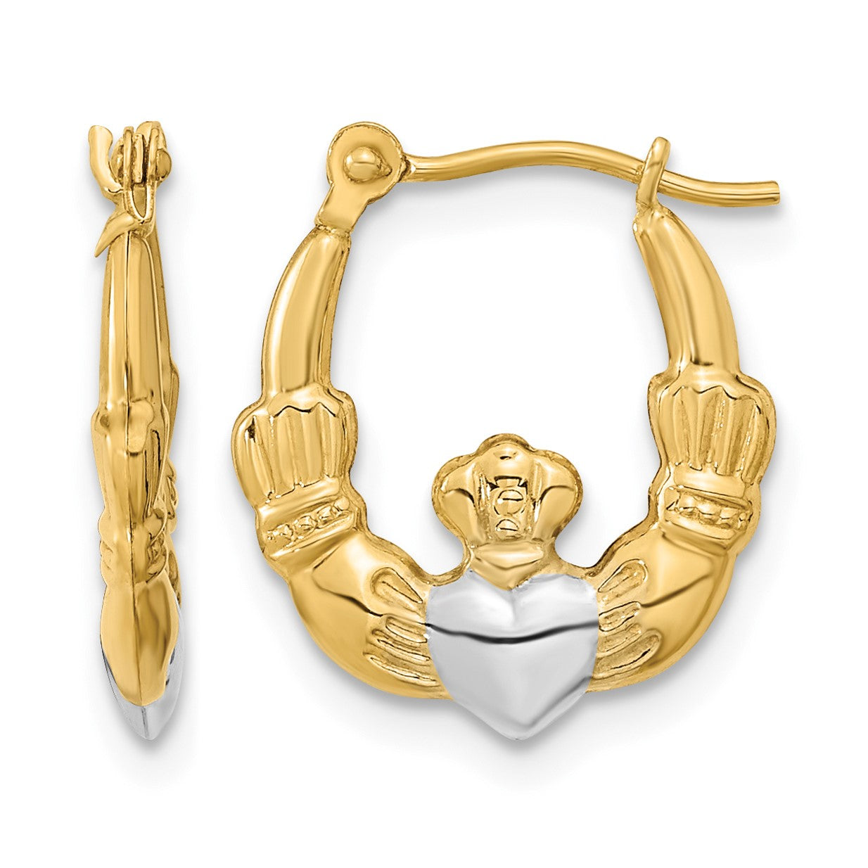 14k w/White Rhodium Polished Claddagh Hoops