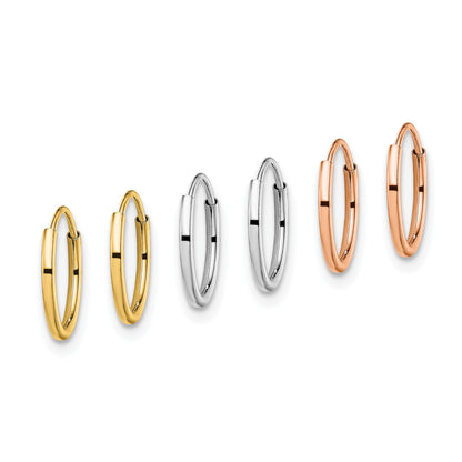 14K Tri-Color 3-pair 1.1x10mm Endless Tube Hoop Earring Set