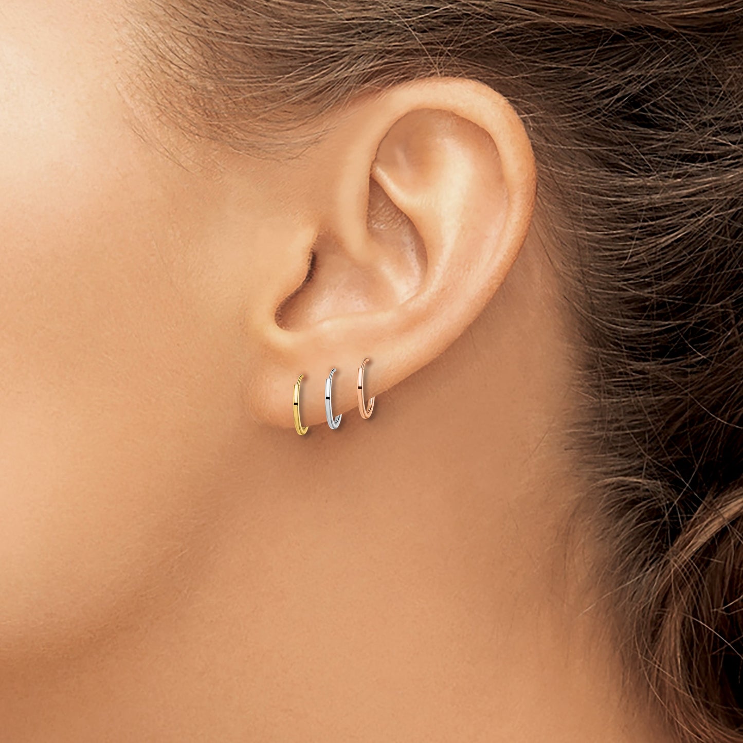 14K Tri-Color 3-pair 1.1x10mm Endless Tube Hoop Earring Set