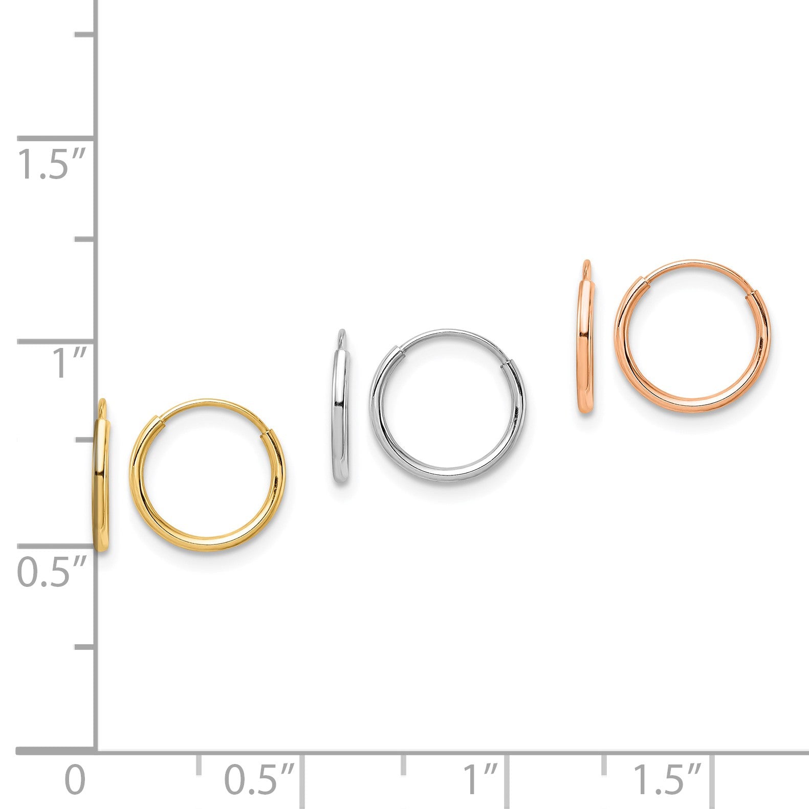 14K Tri-Color 3-pair 1.1x10mm Endless Tube Hoop Earring Set