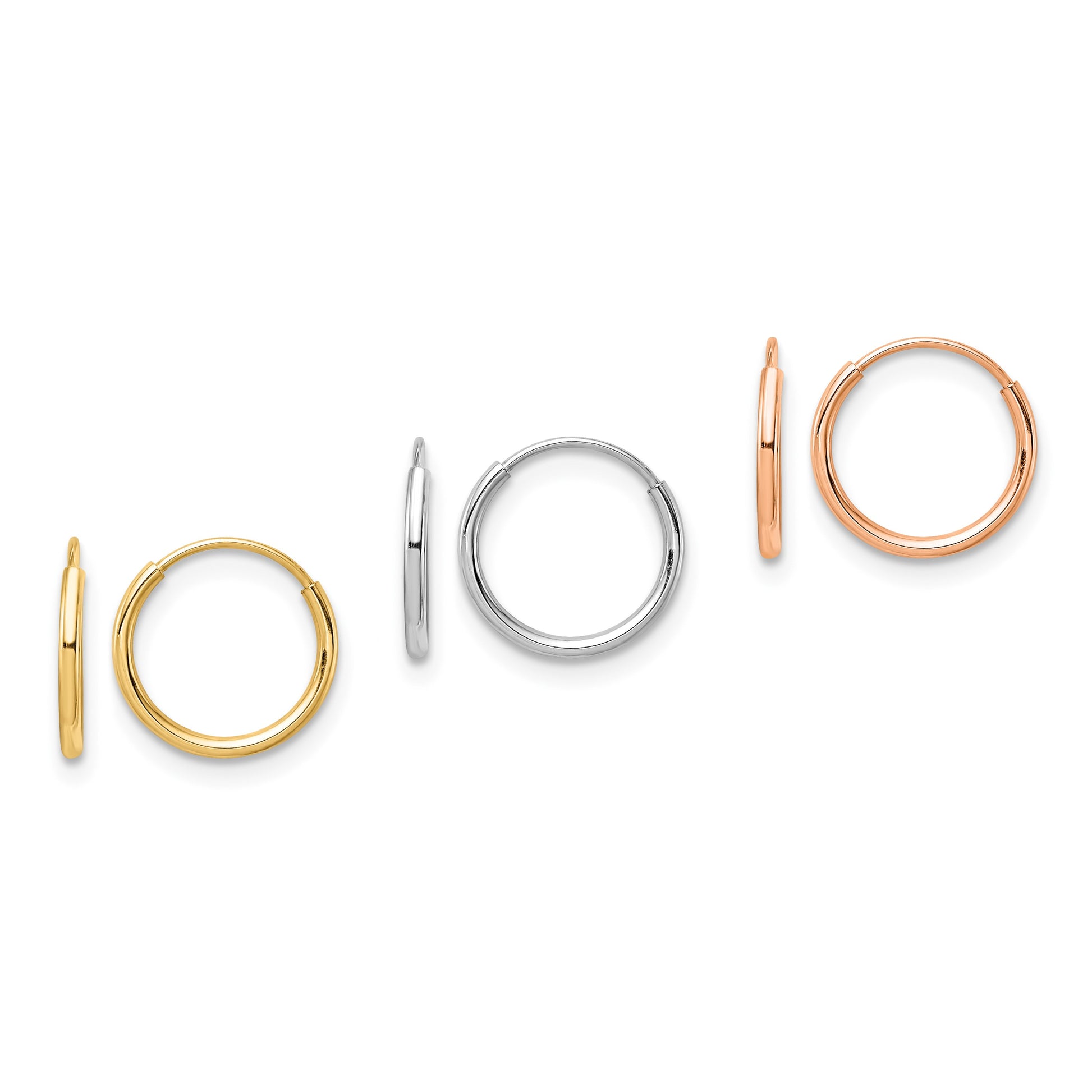 14K Tri-Color 3-pair 1.1x10mm Endless Tube Hoop Earring Set