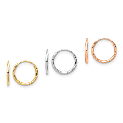 14K Tri-Color 3-pair 1.1x10mm Endless Tube Hoop Earring Set