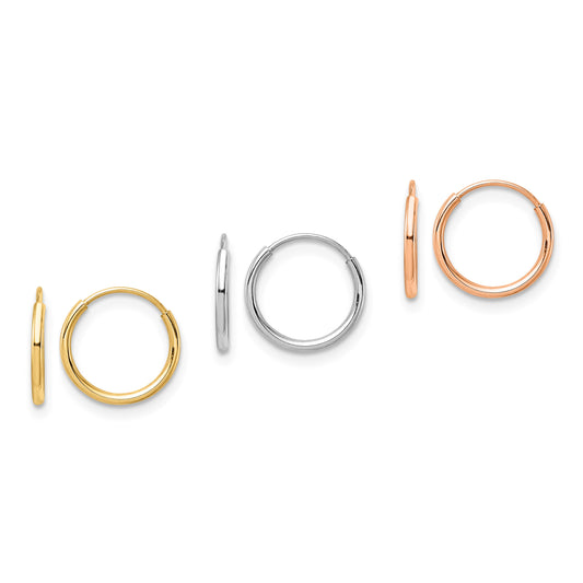 14K Tri-Color 3-pair 1.1x10mm Endless Tube Hoop Earring Set