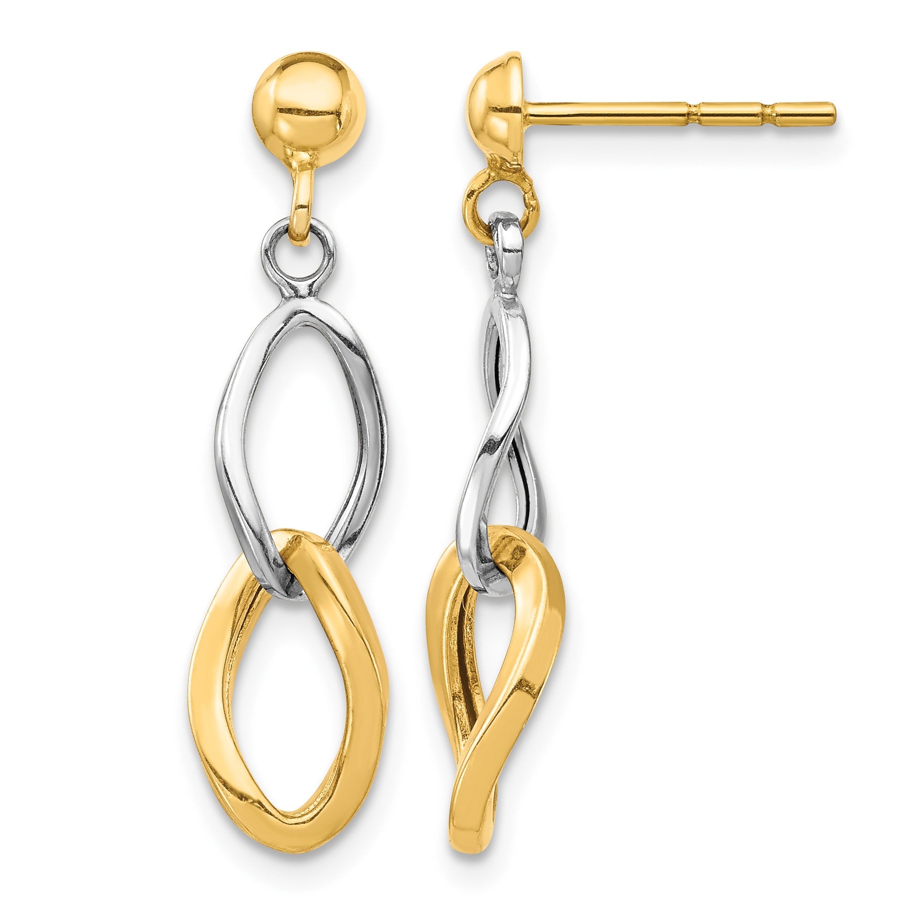 14K Two-tone Twisted Links Dangle Post Earrings