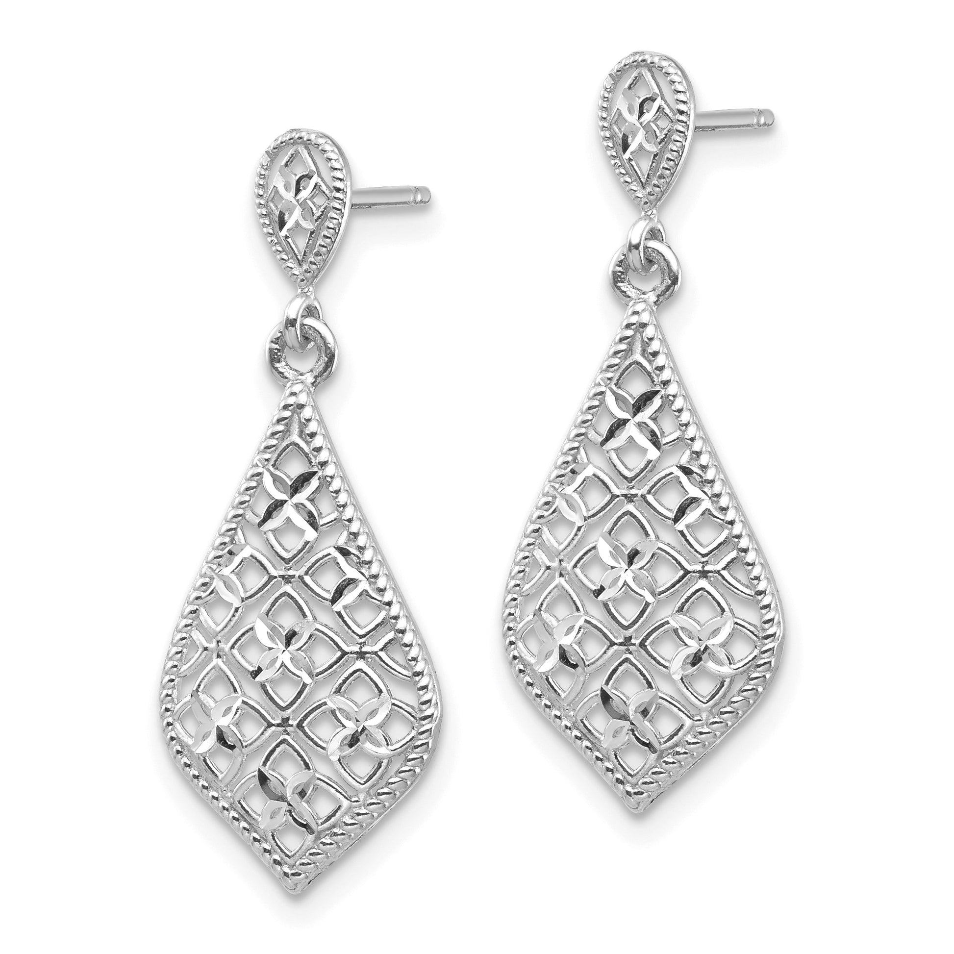 14K White Gold Fancy Filigree Dangle Post Earrings