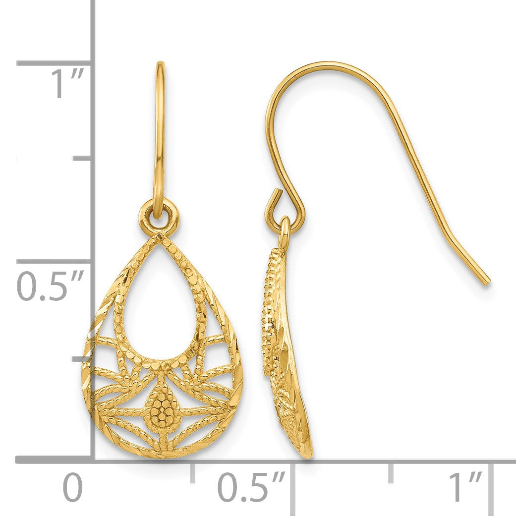 14K Diamond-cut Open Filigree Teardrop Dangle French Hook Earrings