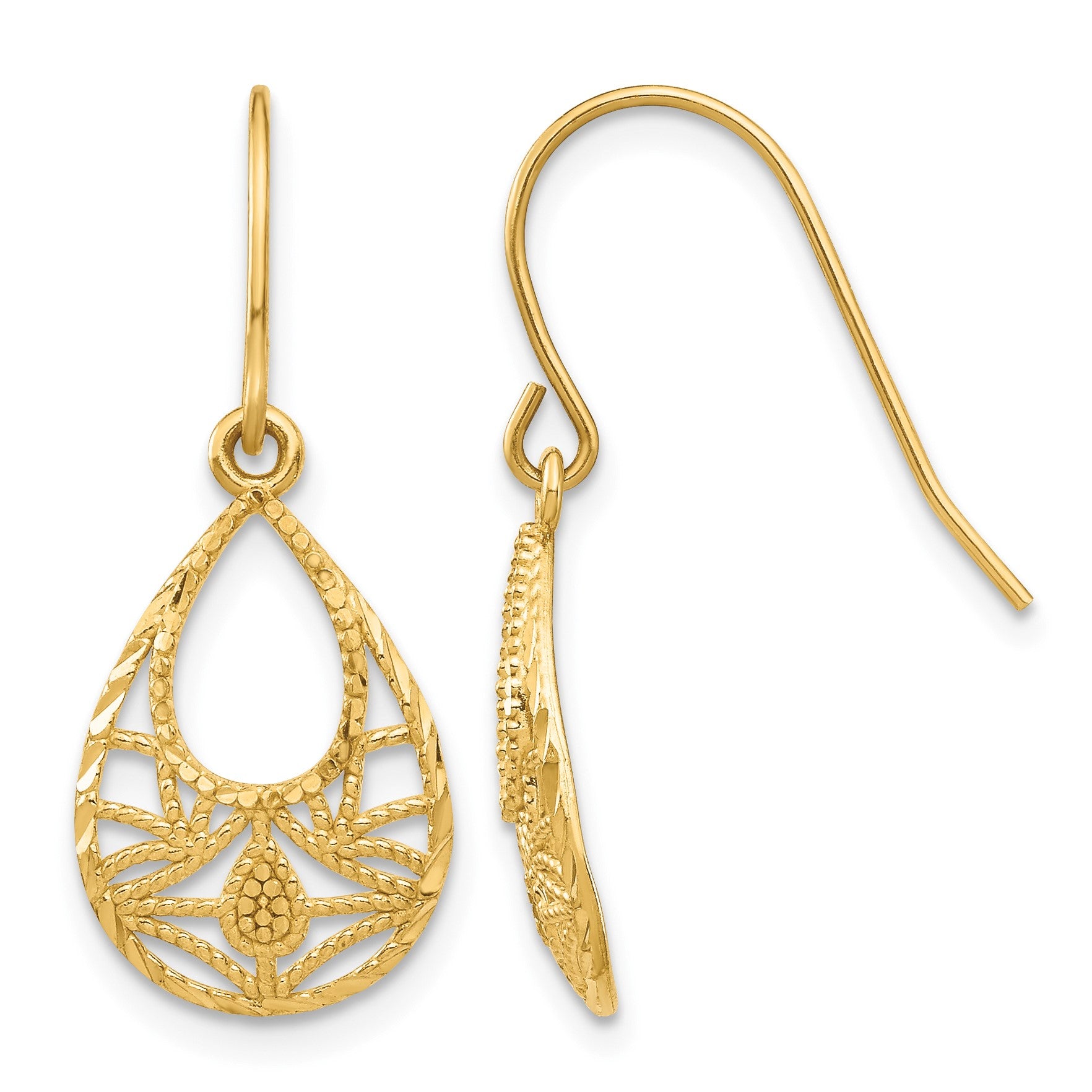 14K Diamond-cut Open Filigree Teardrop Dangle French Hook Earrings