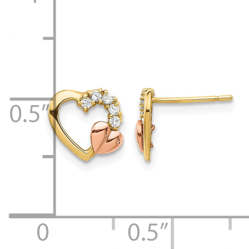 14K Two-Tone CZ Heart Post Earrings