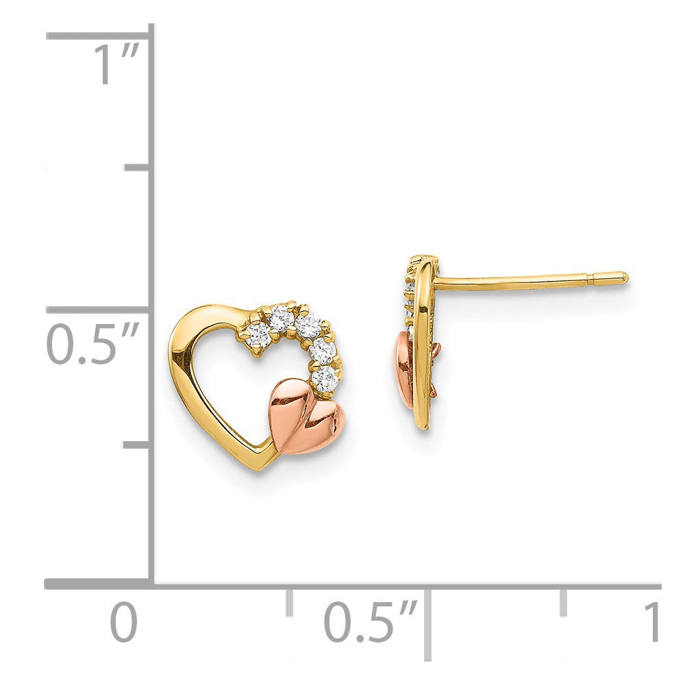 14K Two-Tone CZ Heart Post Earrings