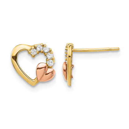 14K Two-Tone CZ Heart Post Earrings