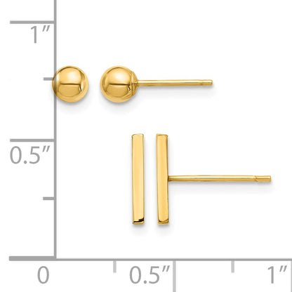 14K Set of Two Pair Bar and 3mm Ball Post Earrings