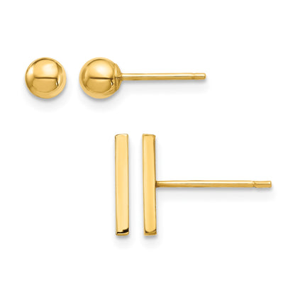 14K Set of Two Pair Bar and 3mm Ball Post Earrings