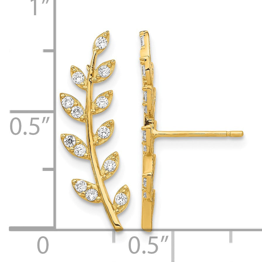 14K CZ Fern Ear Climber Post Earrings