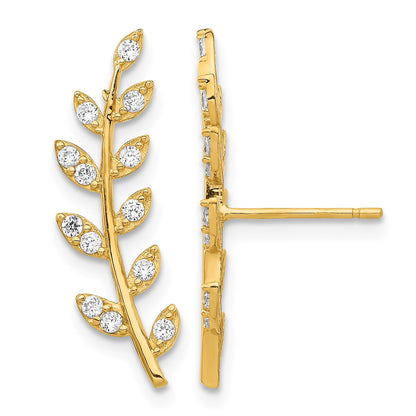 14K CZ Fern Ear Climber Post Earrings