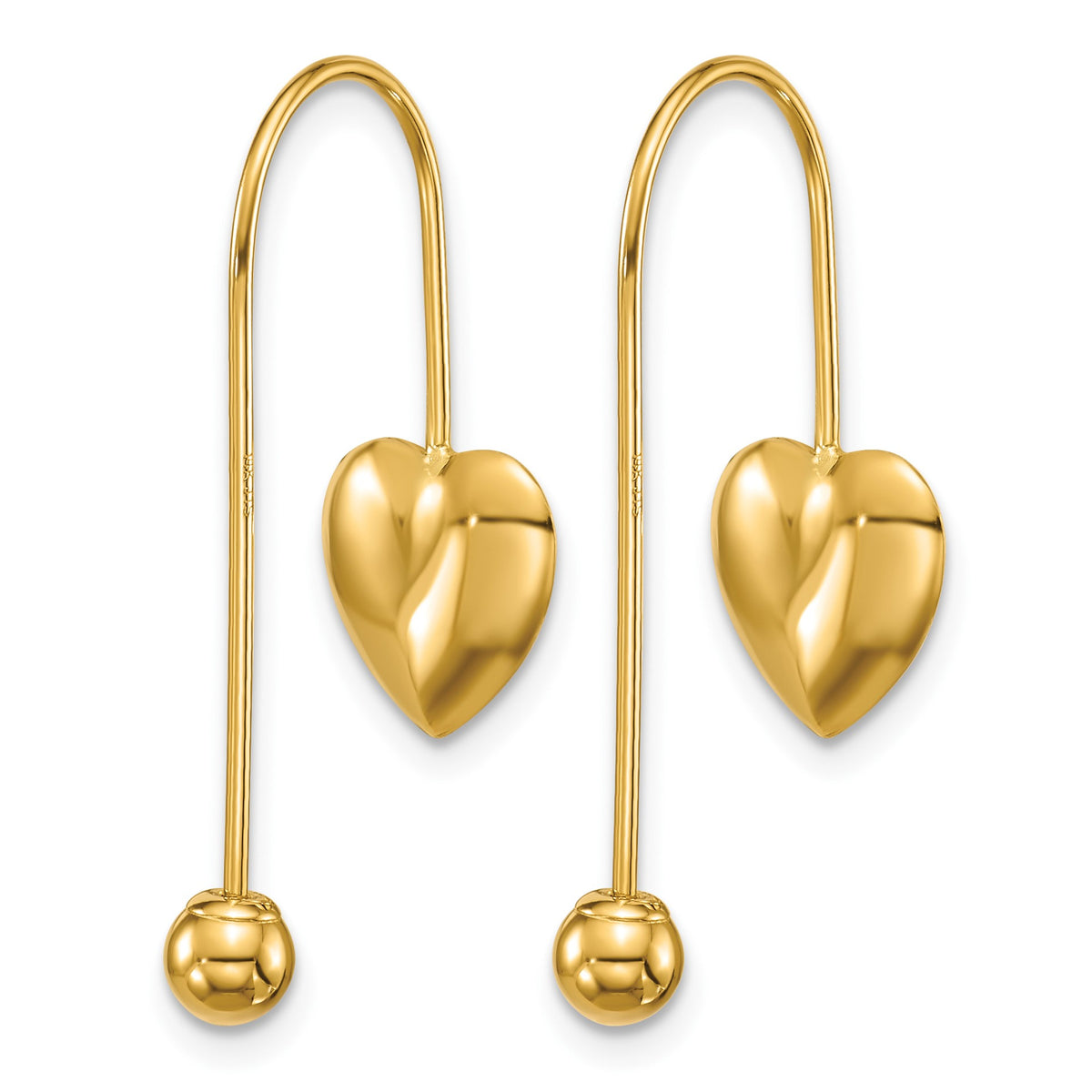 14K Puffed Heart with Screw-on Bead Threader Earrings