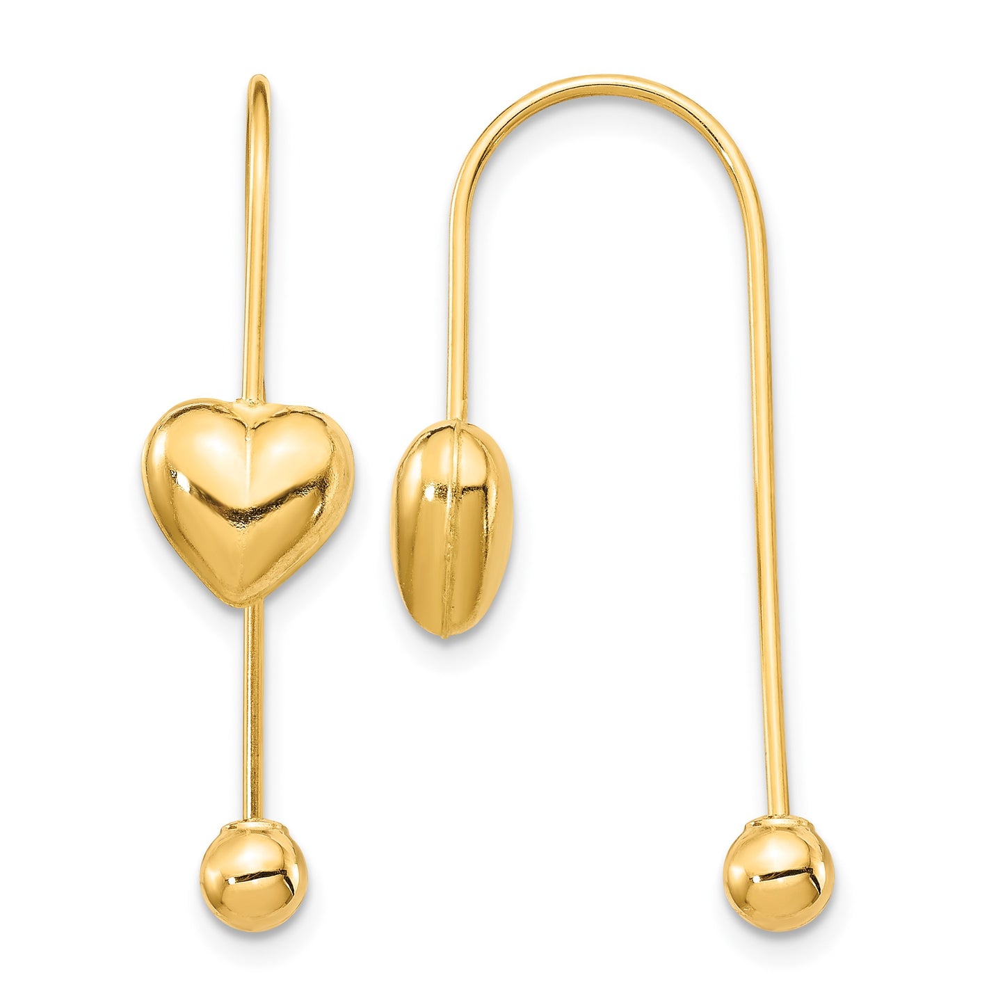 14K Puffed Heart with Screw-on Bead Threader Earrings