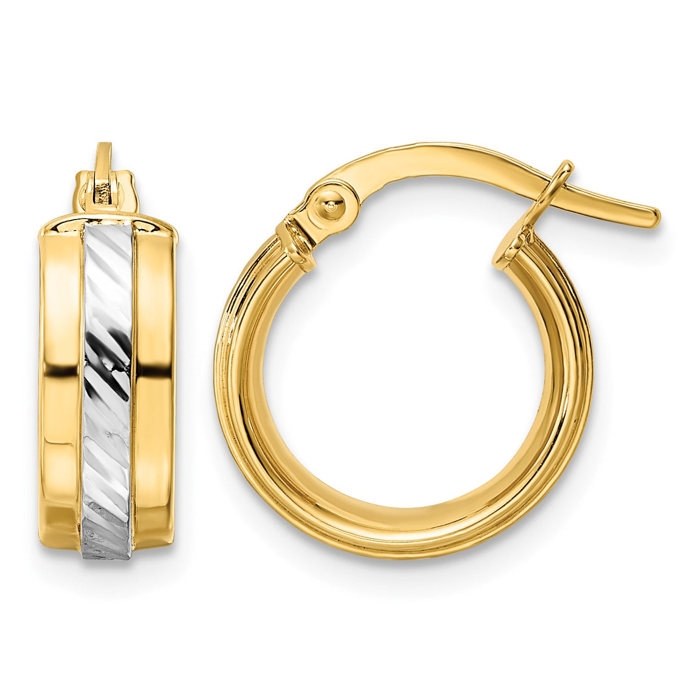14k w/ White Rhodium Diamond-cut Hoop Earrings