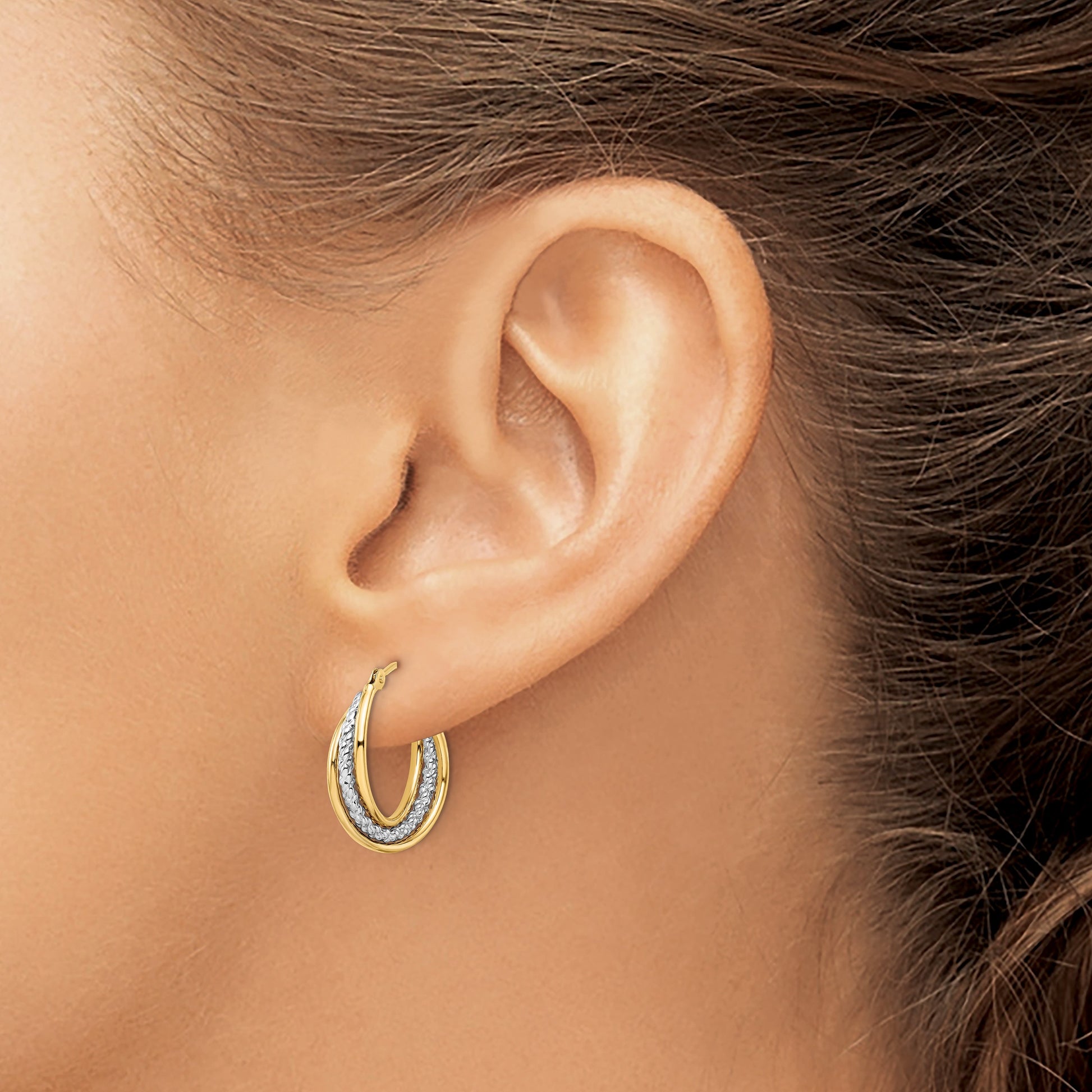 14k w/ White Rhodium Polished Textured Hoops