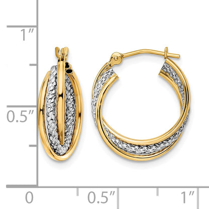 14k w/ White Rhodium Polished Textured Hoops