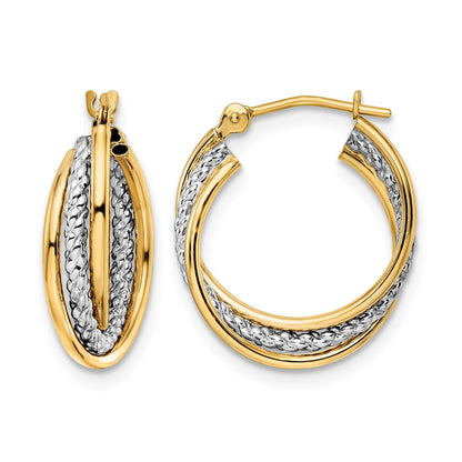 14k w/ White Rhodium Polished Textured Hoops