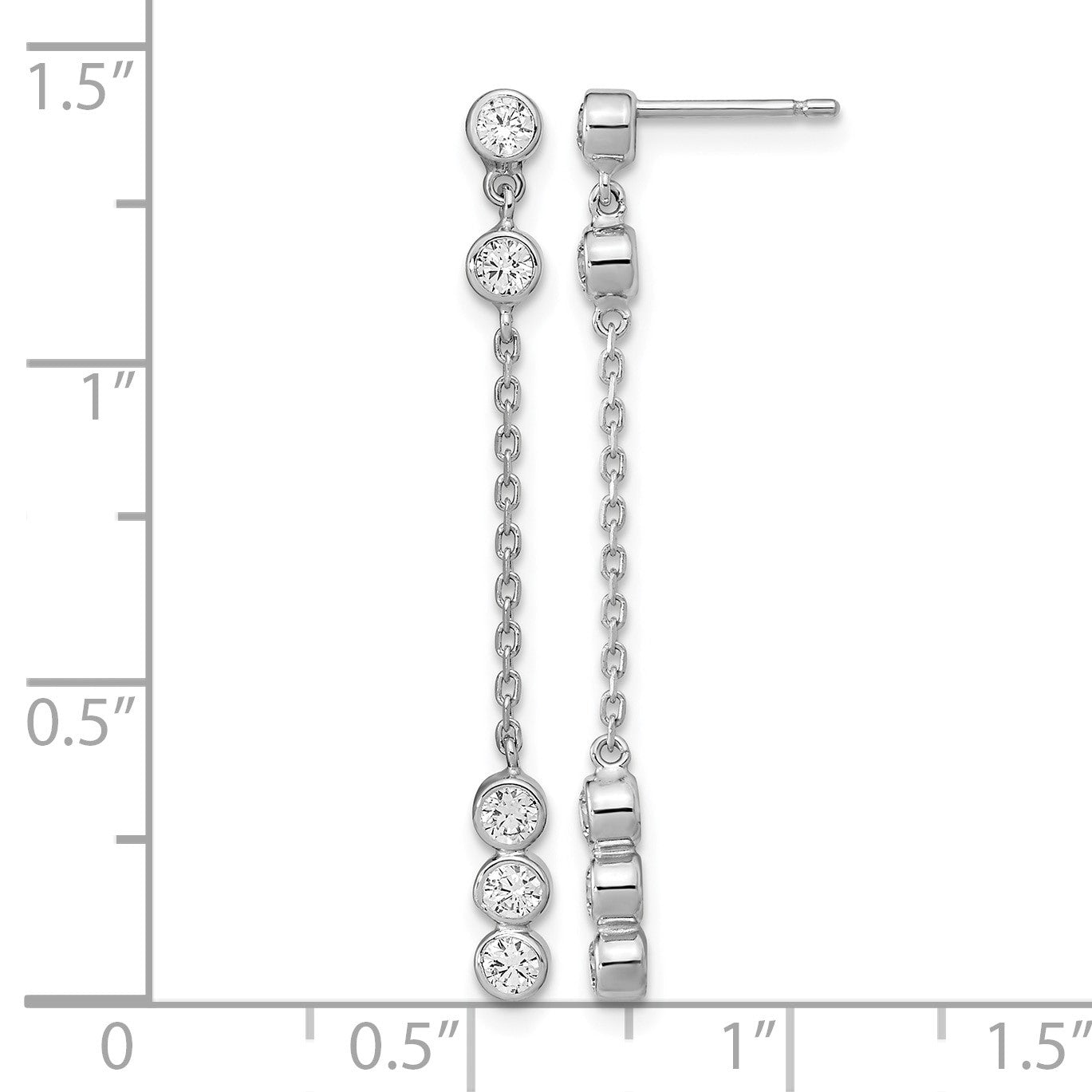14K White Gold Bezel CZ and Chain Link Dangle Post Earrings