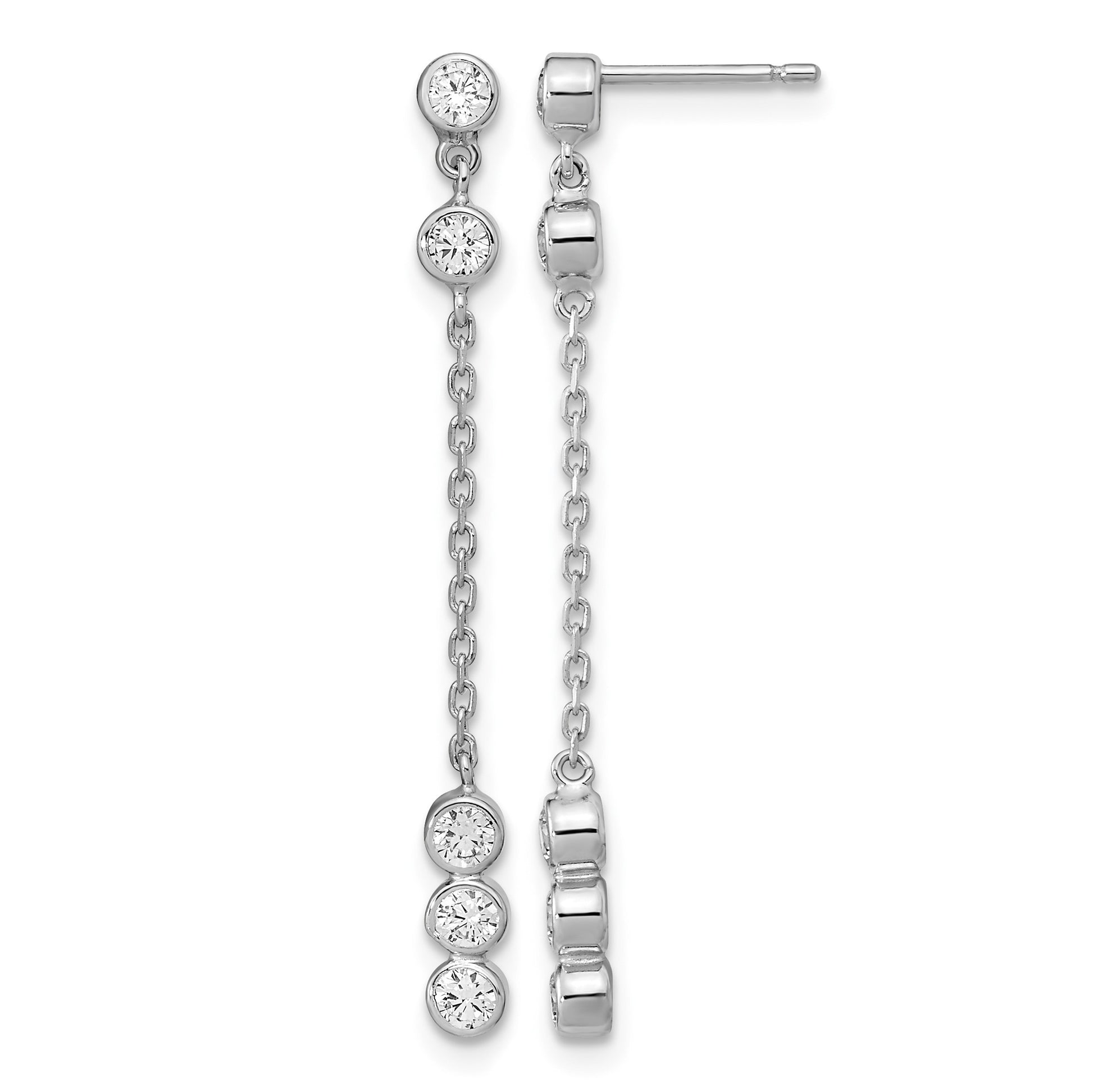 14K White Gold Bezel CZ and Chain Link Dangle Post Earrings