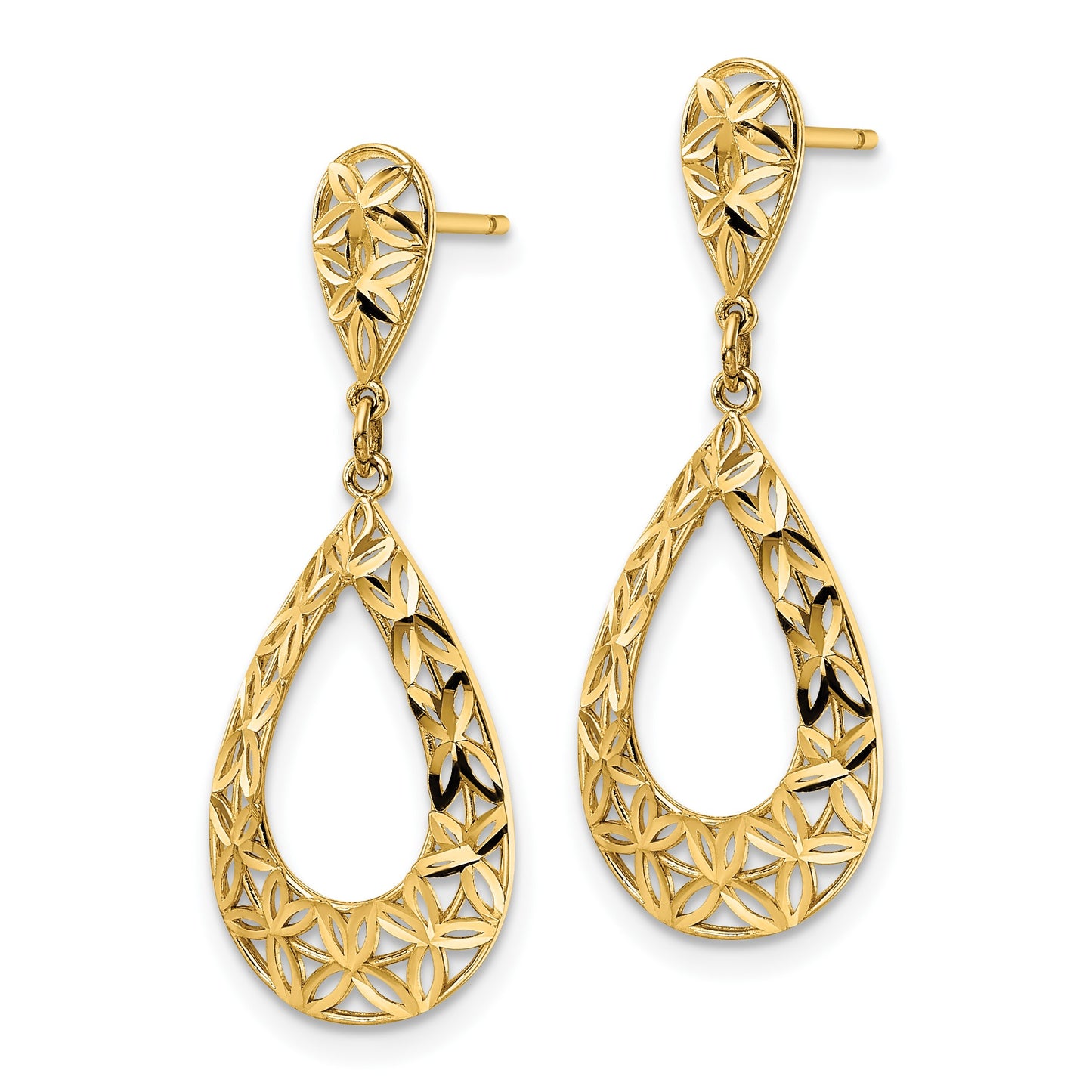 14k Diamond-cut Floral Teardrop Dangle Post Earrings