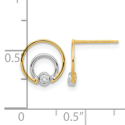 14K and White Rhodium 10mm Polished Double Circle with CZ Post Earrings