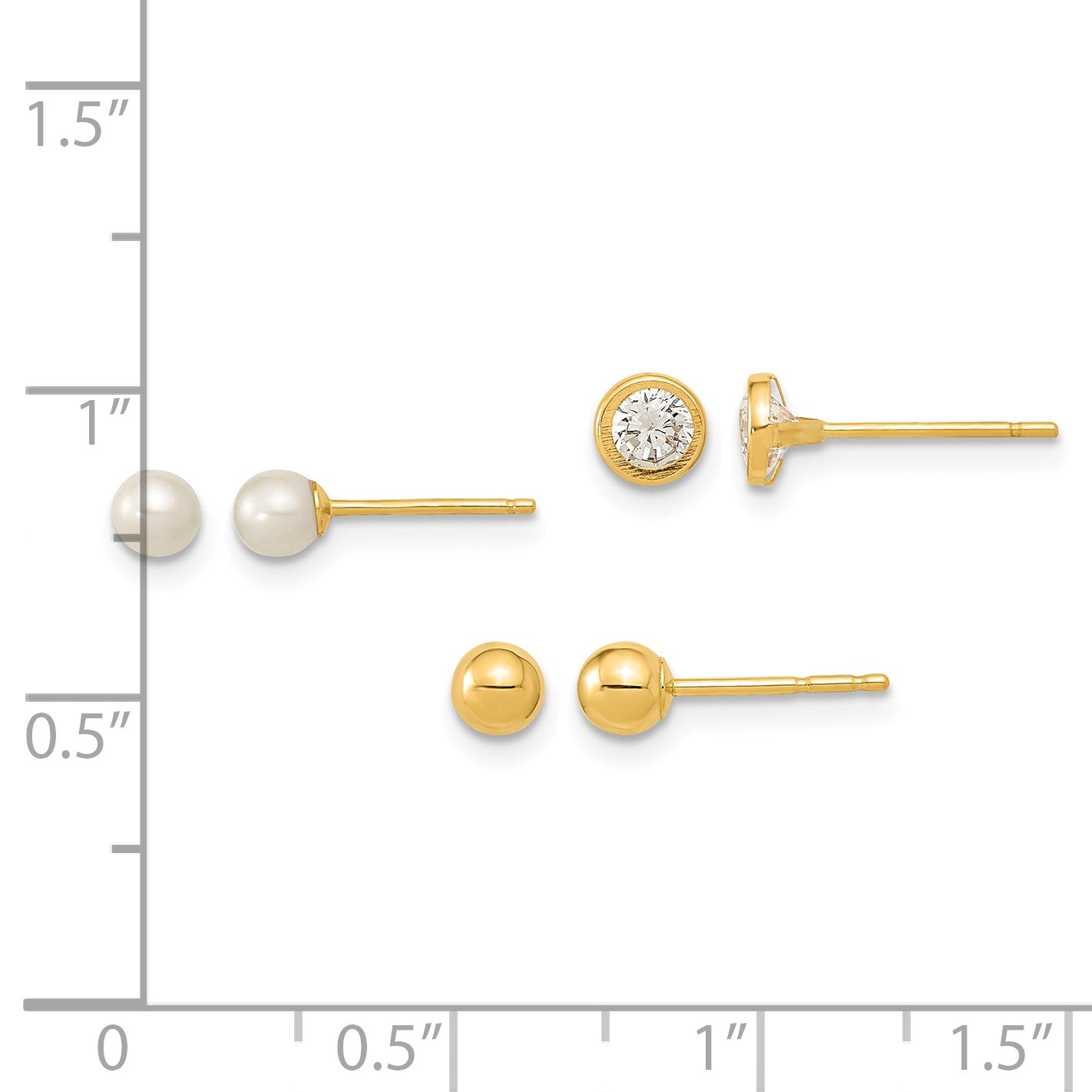 14K Polished 3.5mm Ball/3-4mm Freshwater Cultured Pearl/4.5mm CZ Bezel Set of 3 Pair Post Earrings