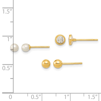14K Polished 3.5mm Ball/3-4mm Freshwater Cultured Pearl/4.5mm CZ Bezel Set of 3 Pair Post Earrings