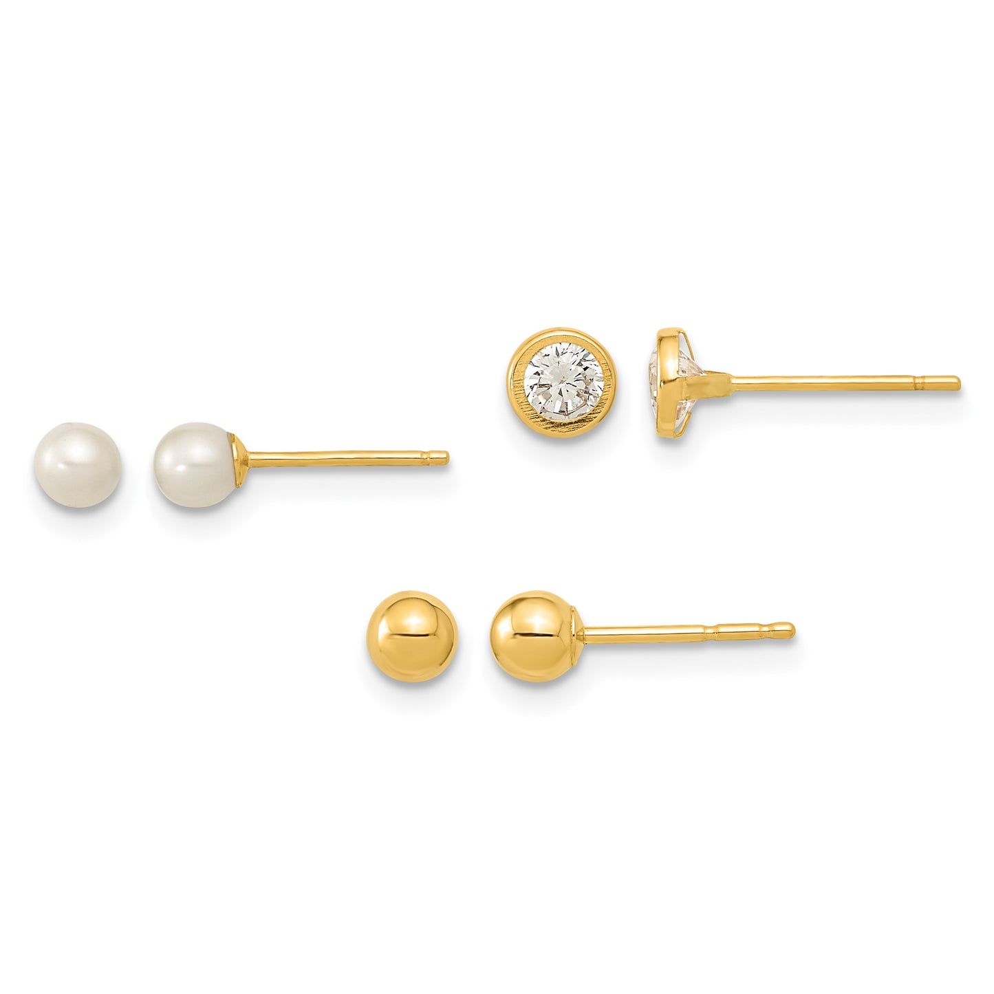 14K Polished 3.5mm Ball/3-4mm Freshwater Cultured Pearl/4.5mm CZ Bezel Set of 3 Pair Post Earrings