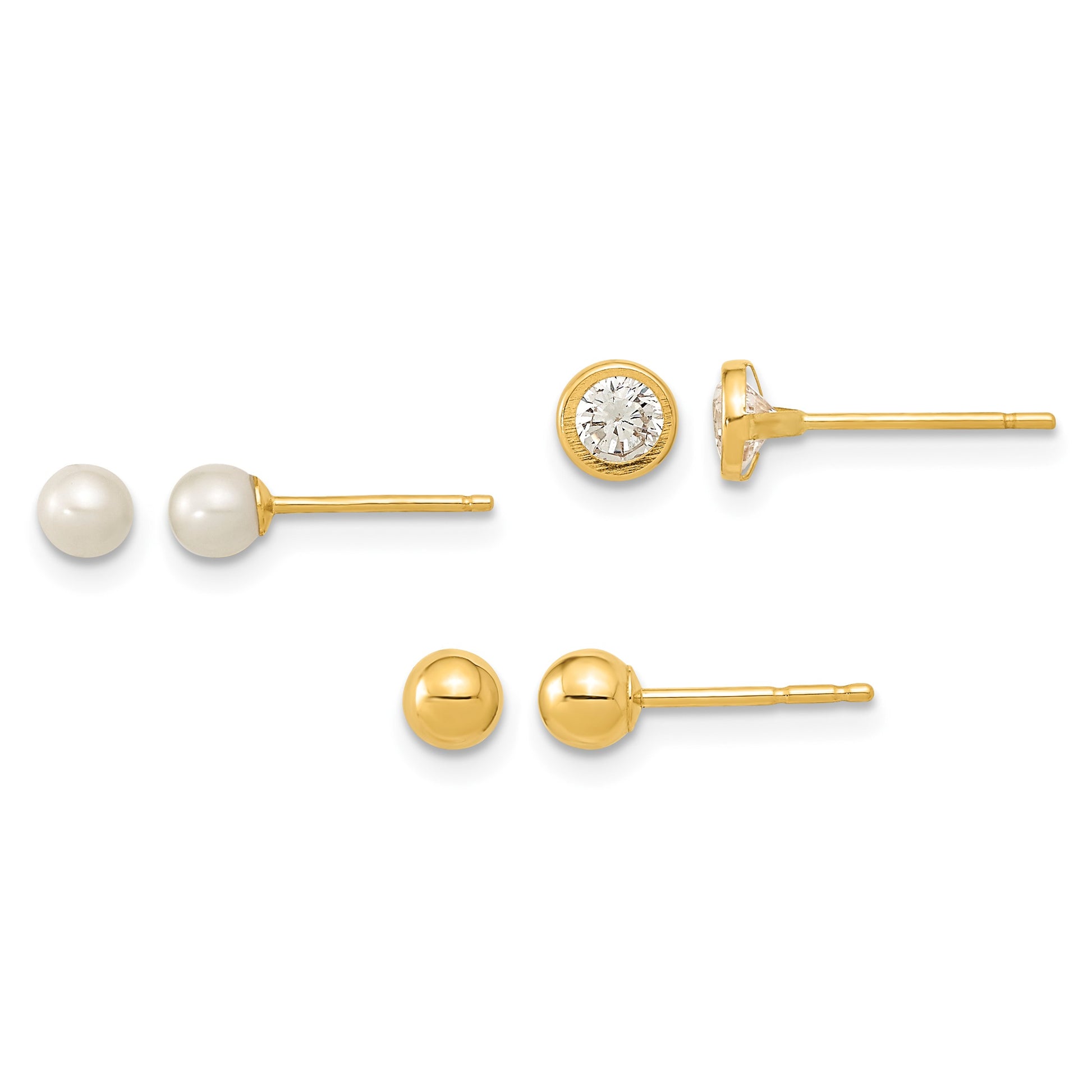 14K Polished 3.5mm Ball/3-4mm Freshwater Cultured Pearl/4.5mm CZ Bezel Set of 3 Pair Post Earrings