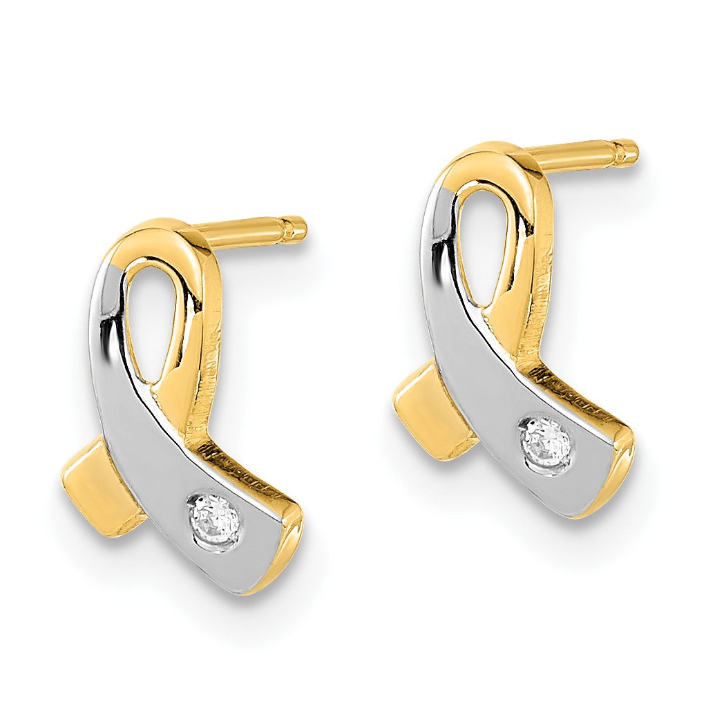 14K and White Rhodium CZ Awareness Ribbon Post Earrings