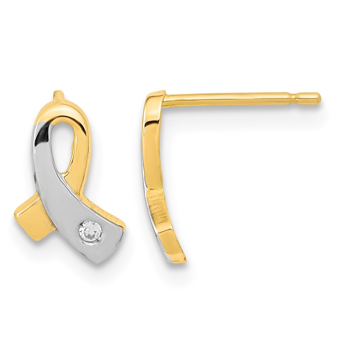 14K and White Rhodium CZ Awareness Ribbon Post Earrings