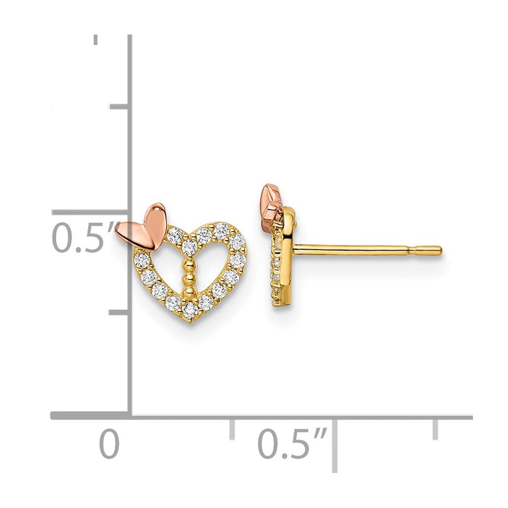 14k Two-tone CZ Heart w/Butterfly Post Earrings